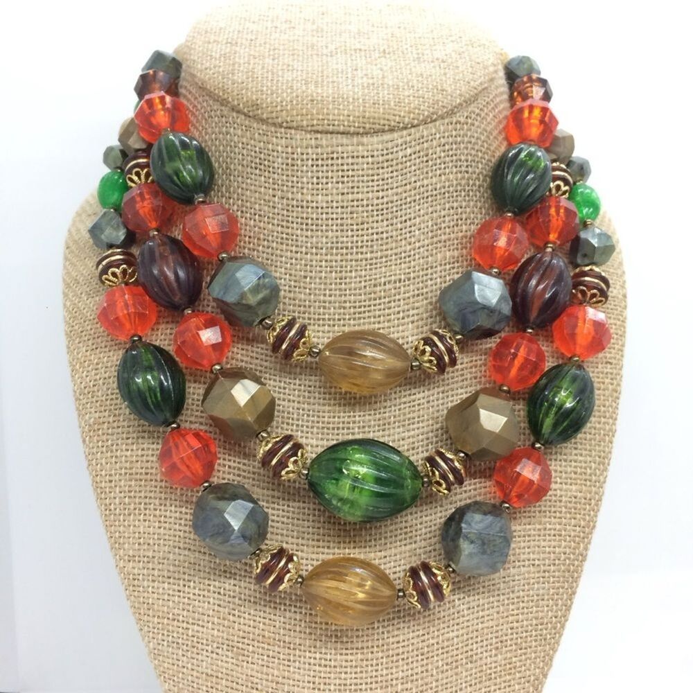 VINTAGE GERMANY NECKLACE Triple Strand Chunky Plastic Bead Statement